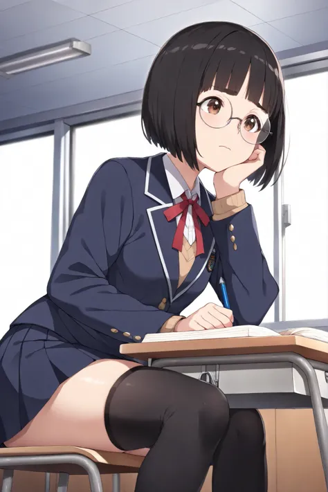 ((best quality)), ((finely detailed)), ((anatomically correct)), ((clear lines)), (top rated on pixiv), ((cinematic lighting)), 1girl, ((short black hair)), ((bob)), ((bangs)), (shining skin), ((short round face)), ((round glasses)), ((detailed brown eyes)...