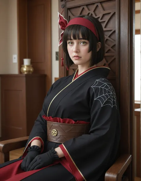 (realistic:1.6),masterpiece, best quality, newest, absurdres, highres, 1girl, solo, mio-mlf, black hair, short hair, blunt bangs, bob cut, bangs, yellow eyes, 
japanese clothes, kimono, bow, black gloves, Young girl, Asian, Japanese face
, indoors, ,1girl ...