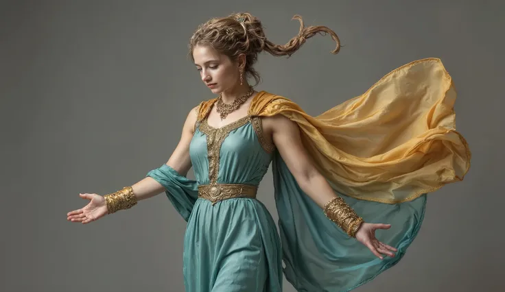Young Roman princess in majestic pose, arms positioned in elegant gesture of command. Wearing a translucent silk stole in layers of turquoise and gold, fabrics fluttering as if moved by a gentle breeze. Discreet but clearly valuable jewelry adorns neck and...