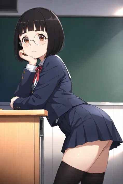 ((best quality)), ((finely detailed)), ((anatomically correct)), ((clear lines)), (top rated on pixiv), ((cinematic lighting)), 1girl, ((short black hair)), ((bob)), ((bangs)), (shining skin), ((short round face)), ((round glasses)), ((detailed brown eyes)...