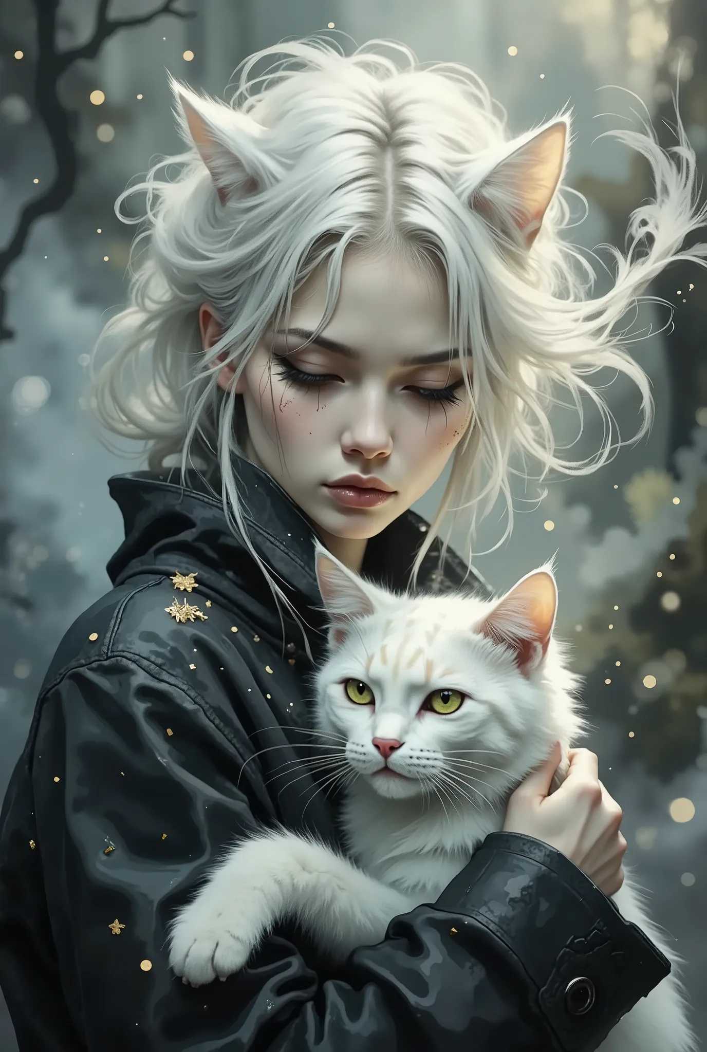 A young woman with white hair hugging a white cat. Pale skin, light green expressive eyes, light makeup and a melancholic expression. The middle plan. The woman's gaze is slightly lowered, creating a mysterious aura. Thick snow-white hair cascades down, f...