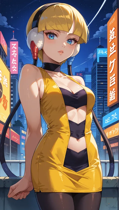 score_9, score_8_up, score_7_up, score_6_up, source_anime, BREAK 1girl,  bw1ele, blonde hair, short hair, headphones, cable, choker, cleavage, black and yellow dress, short dress, clothing cutout, navel cutout, sleeveless, pantyhose, medium breasts, lookin...