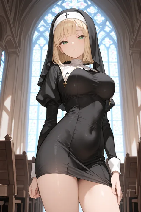 beautiful eye,masterpiece, best quality,1girl,Shoulder-length Bob, blonde hair,green eyes, nun, short dress,looking_at_viewer, standing,in church,no decorations,
