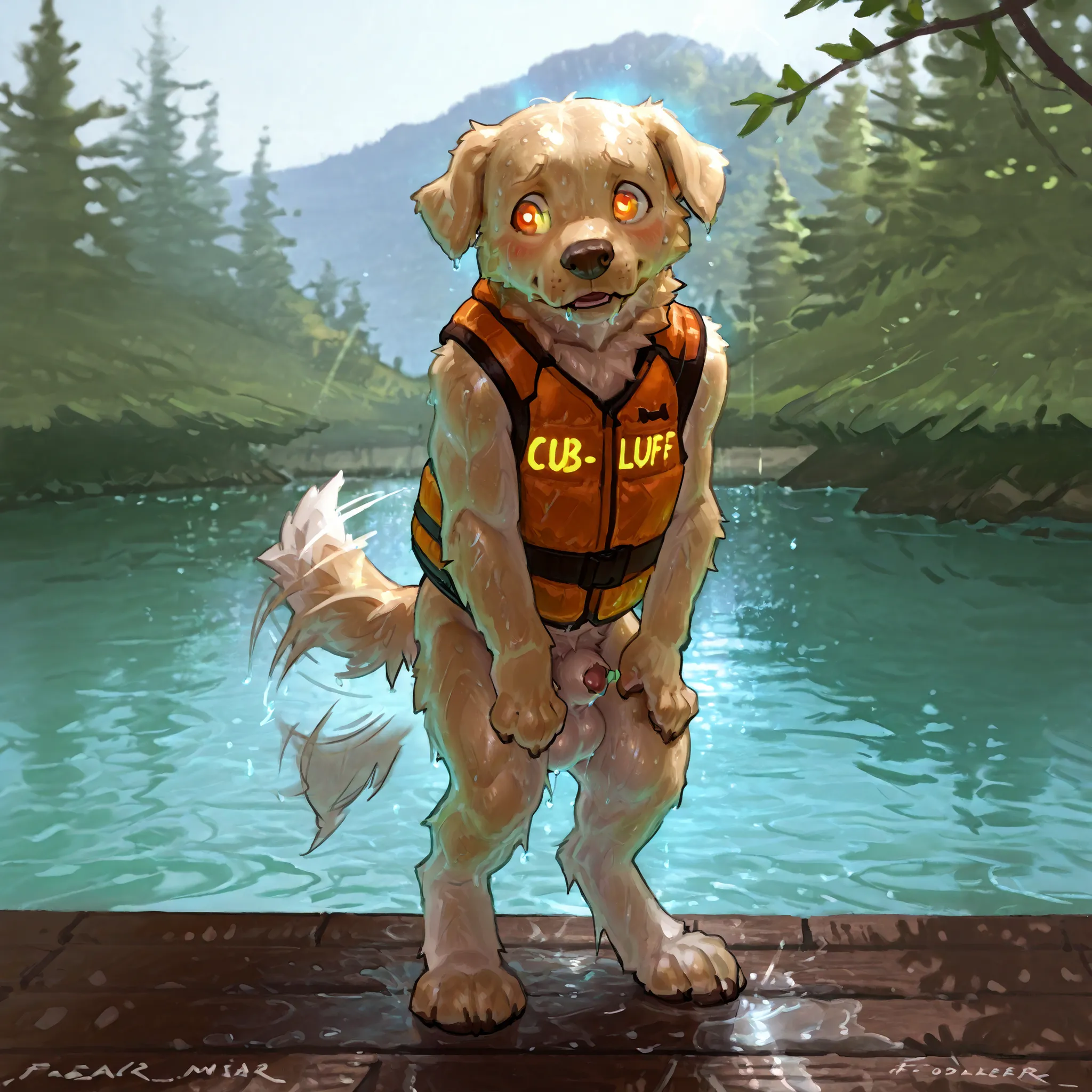 Taran Fiddler, Anhes, Labrador retriever, anthro, canine, male, young, cub, pup, cute, wagging tail, wearing life vest, standing, standing on dock, sweating, sweaty, paws, canine sheath, furry sheath, animal penis sheath, low hanging balls, saggy balls, sh...