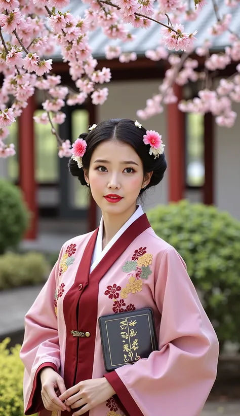 Excellent quality, Outstanding work ,realistic, beautiful woman standing in quiet korean garden,Cherry blossoms ,Eye rest ,Beautiful view ,traditional style, hanbok, high resolution,Extremely detailed 8K ,realistic之美,Perfect eyes,Smile subtly,