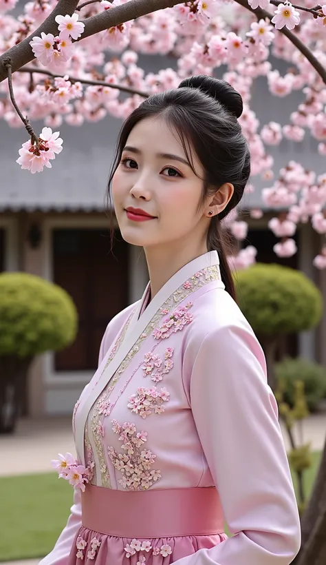 Excellent quality, Outstanding work ,realistic, beautiful woman standing in quiet korean garden,Cherry blossoms ,Eye rest ,Beautiful view ,traditional style, hanbok, high resolution,Extremely detailed 8K ,realistic之美,Perfect eyes,Smile subtly,