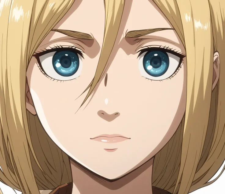 ((Historia Reiss)), blonde hair, (detailed hair), two strands of hair, ((blue eyes)), (4K eyes), (outermost edge of dark blue iris), glitter in eyes, eyebrows, eyelashes, (nose), nostrils, ears, simple lips, (relaxed face), (2D anime style), (((Attack on T...