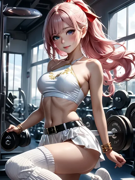 beautiful woman,   18 year old Japanese、cute girl、solo, dumbbells on pers,detailed face, beautiful eyes on my stomach, detailed faceの特徴,   flowing hair ,  big eyes , Fantasy Scenery, Gym,inside the gym、 Moonlight shining through a window, Subdued colors, dramatic lighting, cinematic composition, digital paint, Super Detail, (Highest Quality,4K,8k,high resolution,masterpiece:1.2),Super Detail,(realistic,photorealistic,photo-realistic:1.37)、leotards((ライトブルーのleotards、Halter Neckline、Gold Thread Embroidered Outfit、 black belt、red ribbon、 Gold bracelet、white leg warmers))、pink hair、shiny costume、、ponytail、Strong winds、long hair、from behind、dancing、high kick、
looking back up the ladder