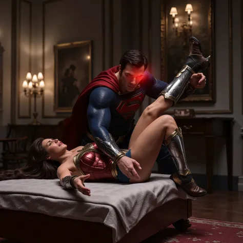 Wonder woman is laying down flat on the bed in the room of Amazon castle, she is sleeping and harassed by Superman, she is unconsciousness, painful, eyes close, Superman is bending on her body from her leg, he touch her leg, red light from Superman's eyes,...