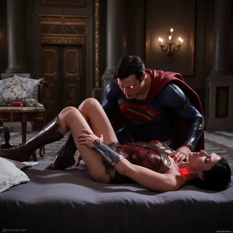 Wonder woman is laying down flat on the bed in the room of Amazon castle, she is sleeping and harassed by Superman, she is unconsciousness, painful, eyes close, Superman is bending on her body from her leg, he touch her leg, red light from Superman's eyes,...