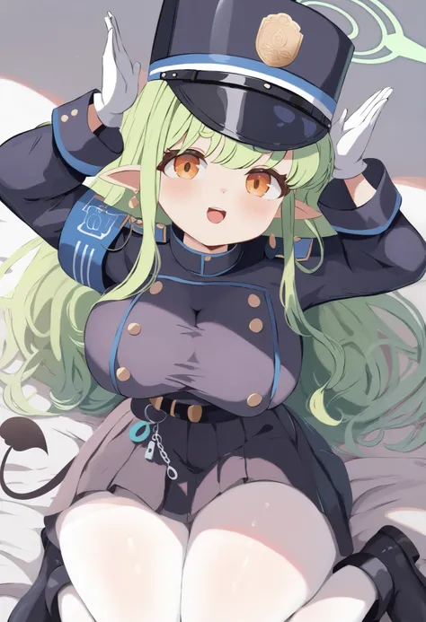 best quality,masterpiece
hikari-default,Small, short stature,hikari_\(blue archive\),green hair,long hair,earring,pointy ears,halo,tail,black jacket,long sleeves,black skirt,arm band,white pantyhose,white gloves,boots,peaked cap,(((large breasts))),(((thic...