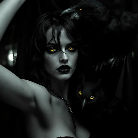 Helmut Newton and Jan Saudek style photo shoot with a dark fantasy bias, divine young Eva Green as Hermione Granger with black owl, transparent black cover, no underwear , lots of details, filled with sexuality, surrounding darkness, monochrome plus yellow...