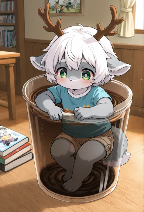 to help me generate an anime anime-style furry fox beast。The request is a boy,white hair,Short sleeve shorts,gray skin, antlers,Toddler Characteristics,Inside a huge clear coffee cup。The picture style is a picture book,Scale 9:16。
