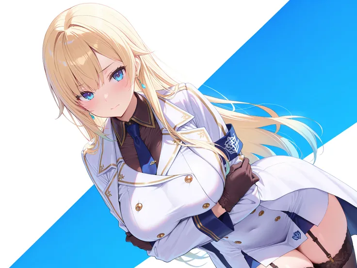 masterpiece,best quality, amazing quality, highres, absurdres, very aesthetic, high resolution, ultra detailed, perfect details,EmaMilitary, long hair, earrings, short dress, necktie, gloves, white coat, garter straps, thighhighs,,anime keyvisual,medium br...