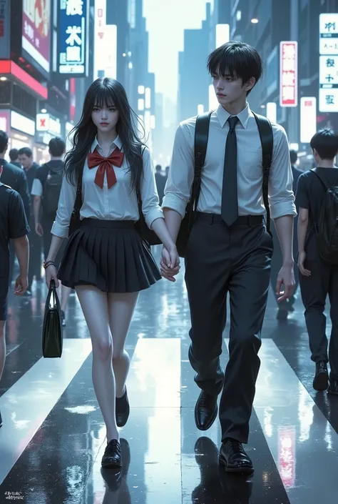 Two high school students stroll hand-in-hand across a rainy crosswalk in the heart of a bustling Japanese city. Drenched in youth, defiance, and casual style, their uniforms reflect a mix of tradition and rebellion — untucked shirts, loosened ties, and sch...
