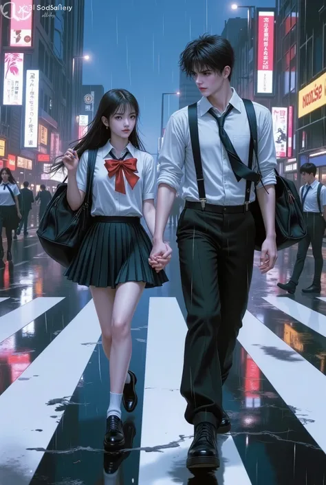 Two high school students stroll hand-in-hand across a rainy crosswalk in the heart of a bustling Japanese city. Drenched in youth, defiance, and casual style, their uniforms reflect a mix of tradition and rebellion — untucked shirts, loosened ties, and sch...