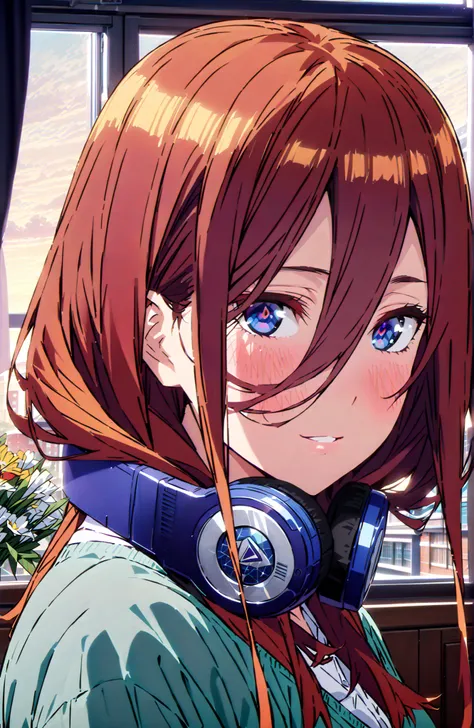 Nakano Miku, long hair, bungs, blue eyes, brown hair, shirt, hair between eyes, headphones, cardigan, headphones around neck,smile,blush,open your mouth,
in their 40s skirt, shirt, long sleeve, white shirt, pantyhose that define Selena, pleated skirt, blac...