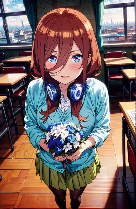 Nakano Miku, long hair, bungs, blue eyes, brown hair, shirt, hair between eyes, headphones, cardigan, headphones around neck,smile,blush,open your mouth,
in their 40s skirt, shirt, long sleeve, white shirt, pantyhose that define Selena, pleated skirt, blac...