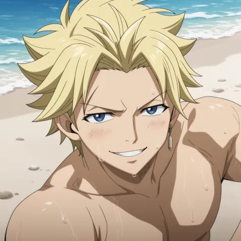 looking at viewer, score_9, score_8_up, score_7_up, source_anime, StingFT, Sting blonde hair, light yellow Sting, 1boy, male focus, anime screencap, official style, smile, happy, beach, swimsuit, naked torso, wet, sexy, detailed,