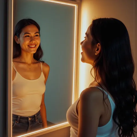 📸 Photography Prompt: Surreal Style

🎯 Main Subject: A confident young adult looking into a mirror reflecting an improved version of themselves

🌈 Emotional Mood: Inspiration, personal growth, hope, positive energy

🔧 Photography Techniques:
- Style: Surre...