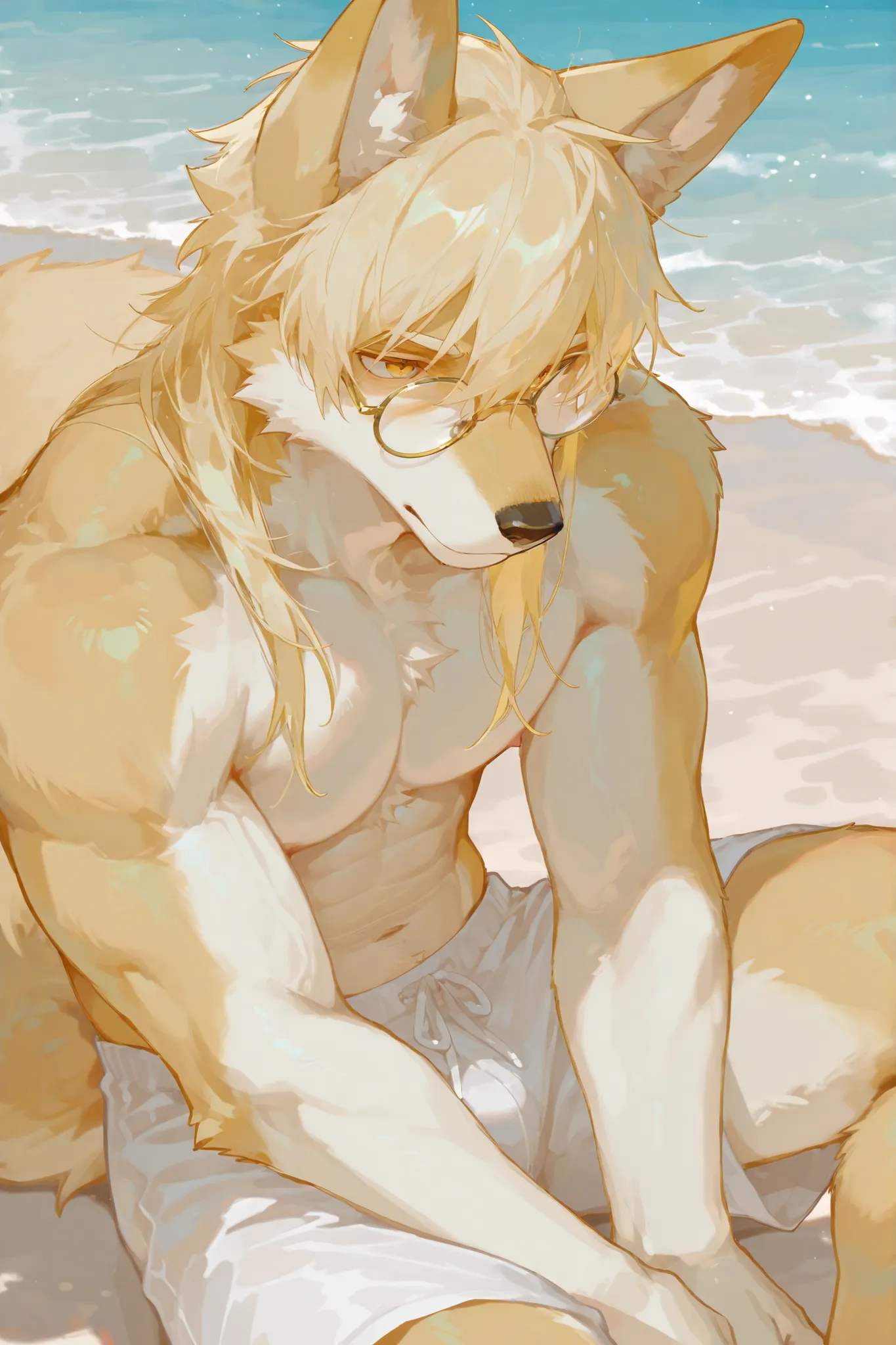 furry male, (alone),fox orc,light golden fur,white body,golden eyes, light blond hair , light blond hair ,Round glasses,strong,Fox boy,sits on the beach, white swimming trunks,