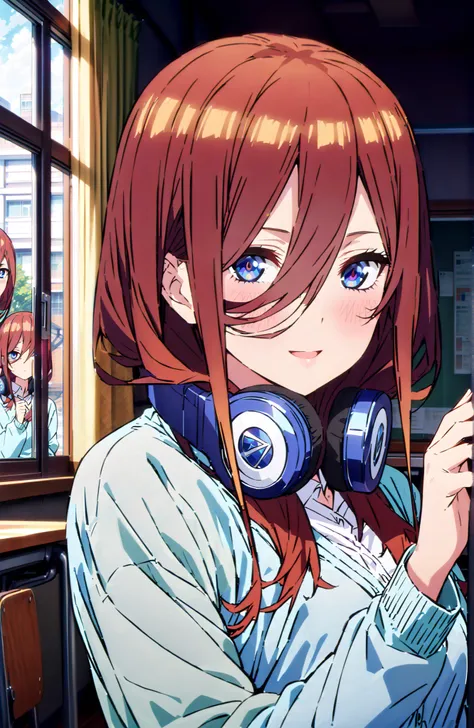 Nakano Miku, long hair, bungs, blue eyes, brown hair, shirt, hair between eyes, headphones, cardigan, headphones around neck,smile,blush,open your mouth,
in their 40s skirt, shirt, long sleeve, white shirt, pantyhose that define Selena, pleated skirt, blac...