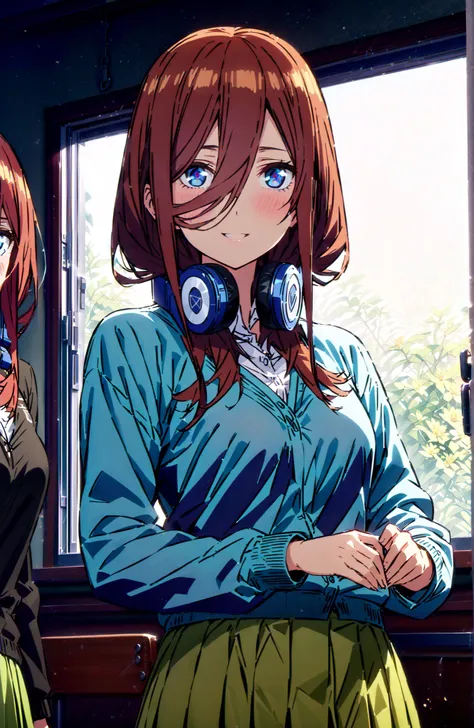 Nakano Miku, long hair, bungs, blue eyes, brown hair, shirt, hair between eyes, headphones, cardigan, headphones around neck,smile,blush,open your mouth,
in their 40s skirt, shirt, long sleeve, white shirt, pantyhose that define Selena, pleated skirt, blac...