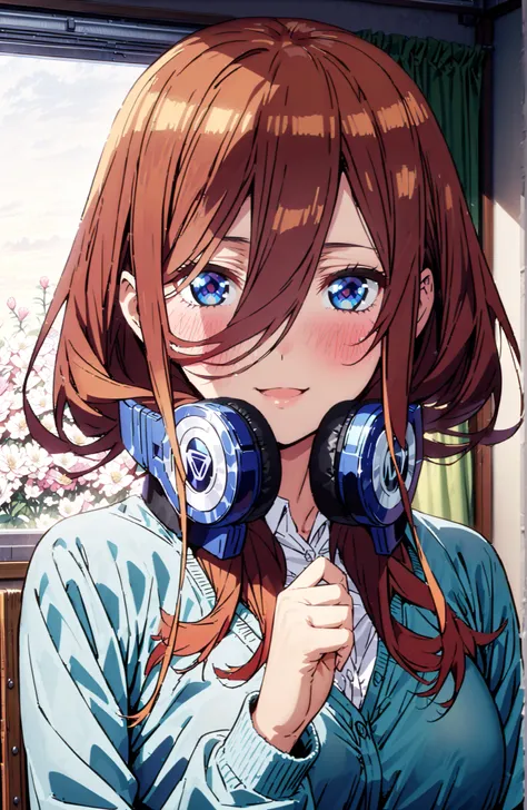 Nakano Miku, long hair, bungs, blue eyes, brown hair, hair between eyes, headphones, headphones around neck,smile,blush,open your mouth,
in their 40s skirt, shirt, long sleeve, white shirt, pleated skirt, black pantyhose, Green Skirt, blue cardigan,standin...