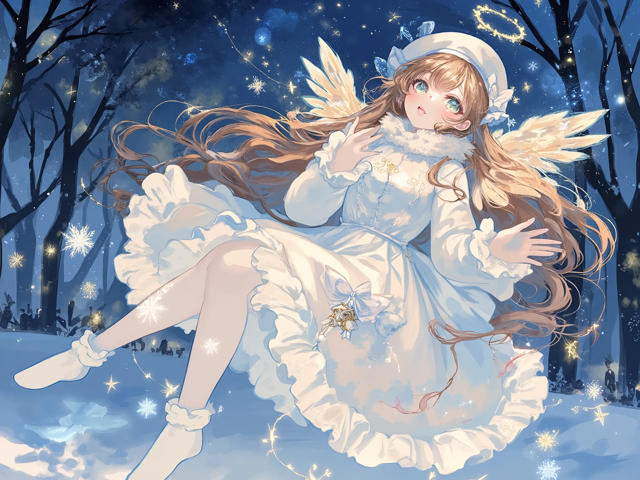 1girl, wheat-colored hair, light brown hair, long hair, Straight bangs, chest-length hair, round eyes, light green eyes, flying gently in the winter night sky, wearing a white and pastel winter dress with soft fur trim, frilled details, a matching beret on...