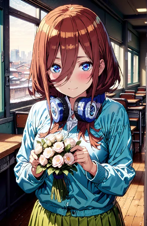 Nakano Miku, long hair,solo, bungs, blue eyes, brown hair, hair between eyes, headphones, headphones around neck,smile,blush,open your mouth,
in their 40s skirt, shirt, long sleeve, white shirt, pleated skirt, black pantyhose, Green Skirt, blue cardigan,st...
