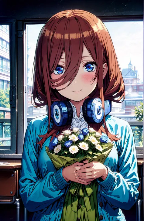 Nakano Miku, long hair,solo, bungs, blue eyes, brown hair, hair between eyes, headphones, headphones around neck,smile,blush,open your mouth,
in their 40s skirt, shirt, long sleeve, white shirt, pleated skirt, black pantyhose, Green Skirt, blue cardigan,st...