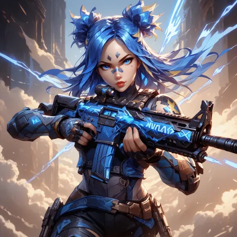 Ultra-detailed, 1 girl, Neon from Valorant, ((masterpiece)), (best quality), (high resolution), 16K, heterochromia (black and blue eyes), blue hair with glowing tips, long stylized hair, neutral lips, electric tattoos on arms, light piercings, wearing futu...