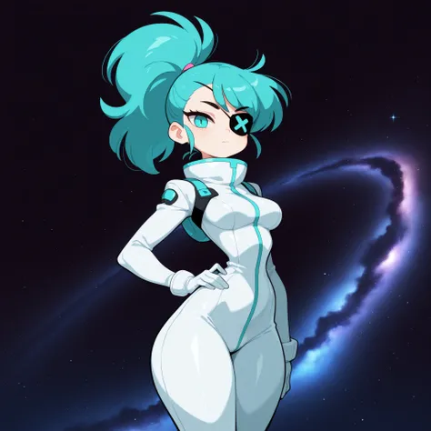 masterpiece, best quality, amazing quality, very aesthetic, absurdres, high res, shiny skin, diives, 1girl, solo, short turquoise hair, ponytail, turquoise eyes, black eyepatch, medium breasts, narrow waist, wide hips, thick thighs, white tight space suit,...