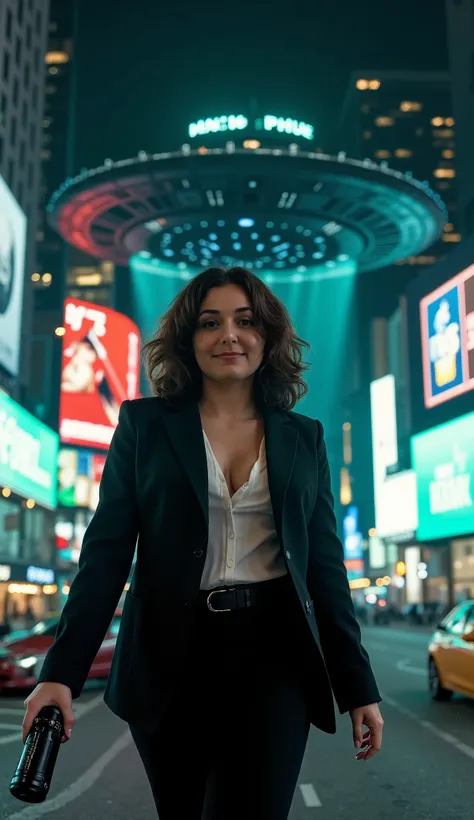 (low-angle perspective:1.6), (medium-shot:2.8), fearless FBI agent in black suit (voluptuous cleavage, white V-neck blouse), FBI badge on hip, gripping iPhone 15 Pro Max and tactical flashlight enlighted, (hyper-realistic facial details:1.6), (wind-blown h...