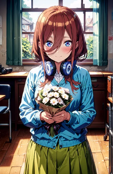 Nakano Miku, long hair,solo, bungs, blue eyes, brown hair, hair between eyes, headphones, headphones around neck,smile,blush,open your mouth,
in their 40s skirt, shirt, long sleeve, white shirt, pleated skirt, black pantyhose, Green Skirt, blue cardigan,st...