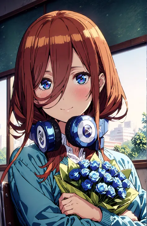 Nakano Miku, long hair,solo, bungs, blue eyes, brown hair, hair between eyes, headphones, headphones around neck,smile,blush,open your mouth,
in their 40s skirt, shirt, long sleeve, white shirt, pleated skirt, black pantyhose, Green Skirt, blue cardigan,st...
