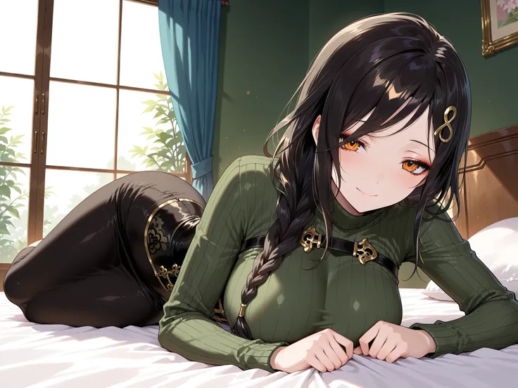 masterpiece,best quality, amazing quality, highres, absurdres, very aesthetic, high resolution, ultra detailed, perfect details,nijitomoe,large breasts,orange eyes,black hair,makeup,long hair,single braid,hair over sholuder,hair ornament,nijitomoecos,green...
