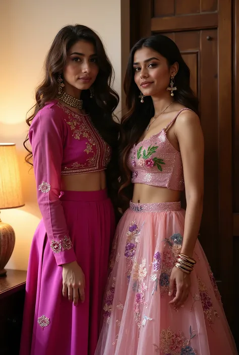 A photograph featuring two elegant beautiful indian women indoors., fair skin,pale white skin, The first woman has light skin and long, wavy brown hair, standing against a cream-colored wall with a louvered door, decorated with purple flowers. She is dress...