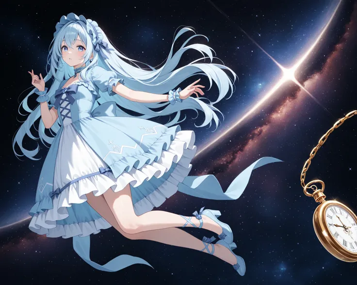 girl, Light Blue Gothic Dress, Mysterious Space, twisted pocket watch
