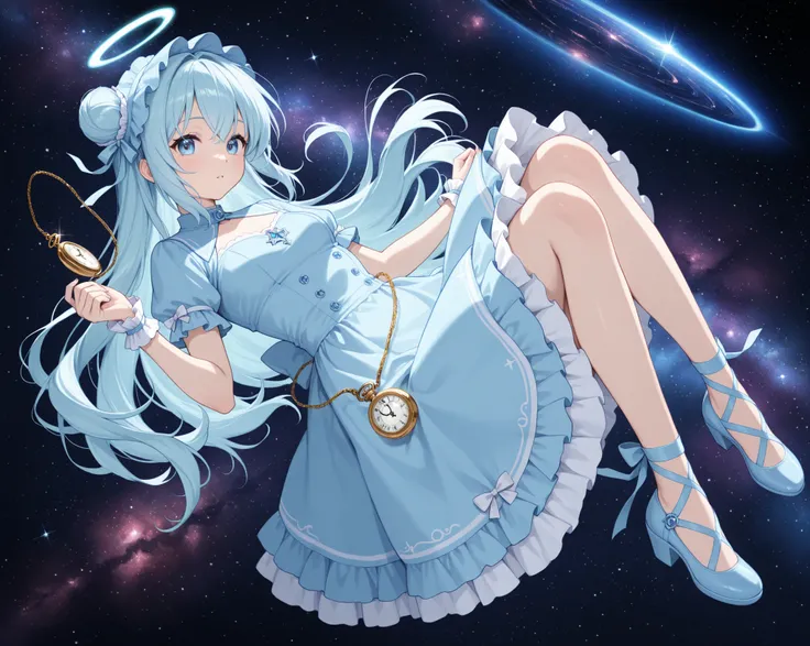 girl, Light Blue Gothic Dress, Mysterious Space, twisted pocket watch