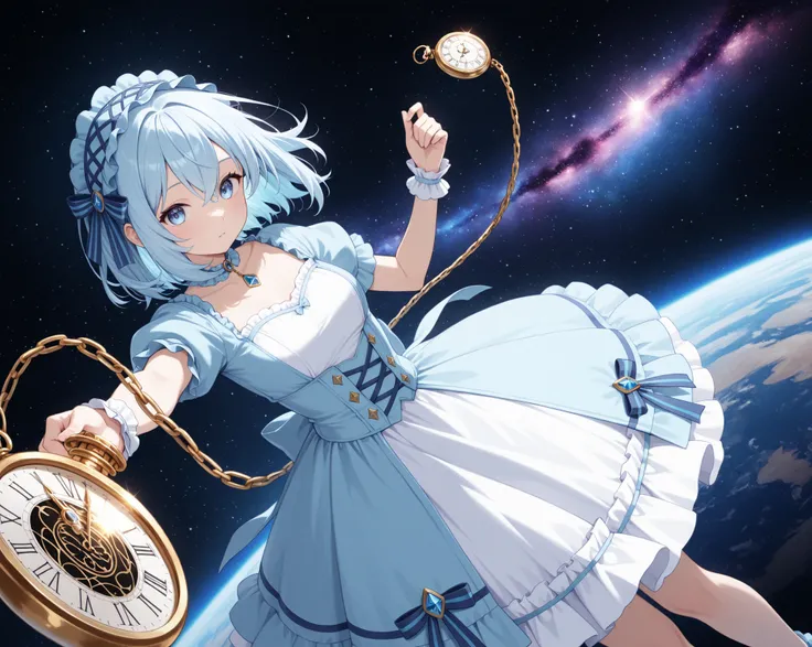 girl, Light Blue Gothic Dress, Mysterious Space, twisted pocket watch