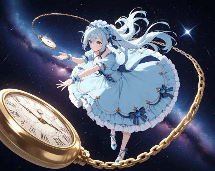 girl, Light Blue Gothic Dress, Mysterious Space, twisted pocket watch