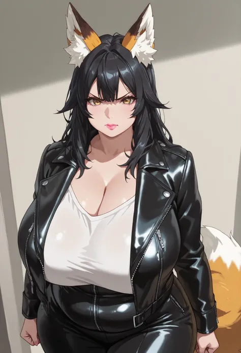 1girl, looking at viewer, facing viewer, cowboy shot angle, best quality, highly detailed, eyelashes, pink lips, long hair, black hair, curvy body, huge breasts, wide hips, hazel eyes, animal ear fluff, fox ears, fox tail, white shirt, black leather jacket...