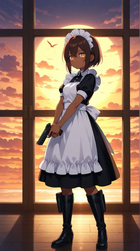female, Brown skin,  Classic Maid Dress , leg holster, handgun,     backlit