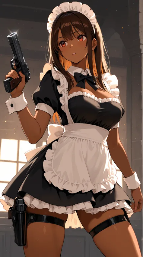 female, Brown skin, Classic Maid Dress , leg holster, handgun, backlit