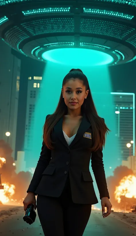 (low-angle perspective:1.6), (medium-shot:1.8), fearless FBI agent in black suit (voluptuous cleavage, white V-neck blouse), official FBI logo patch on the left chest, gripping an iPhone 15 Pro Max and tactical flashlight, the flashlight is on,intense eye ...