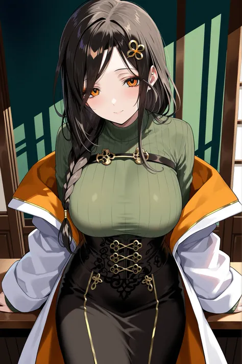 masterpiece,best quality, amazing quality, highres, absurdres, very aesthetic, high resolution, ultra detailed, perfect details,nijitomoe,large breasts,orange eyes,black hair,makeup,long hair,single braid,hair over sholuder,hair ornament,nijitomoecos,green...