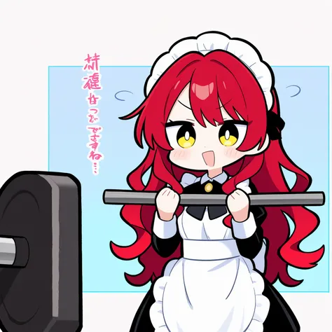 Beautiful Girl maid red hair long hair wavy hair with a graceful expression I try to lift dumbbells but they are too heavy to hold