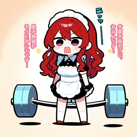 deformed Beautiful Girl maid red hair long hair wavy hair with a graceful expression dumbbells on pers Strength training