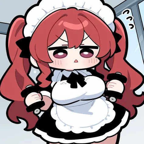 deformed Beautiful Girl maid red hair long hair wavy hair with a graceful expression dumbbells on pers Strength training